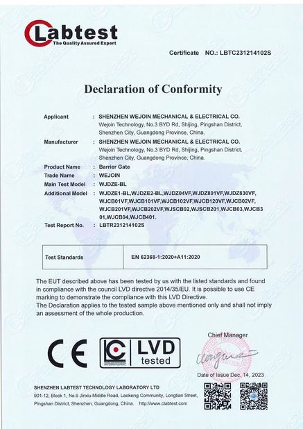 China Shenzhen Wejoin Mechanical & Electrical Co. certification